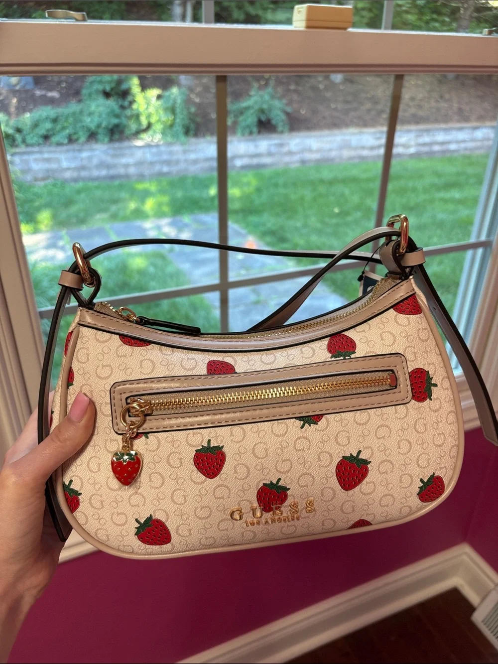 Guess Cream Shoulder Bag with Red Strawberry Print - Picture 2 of 6